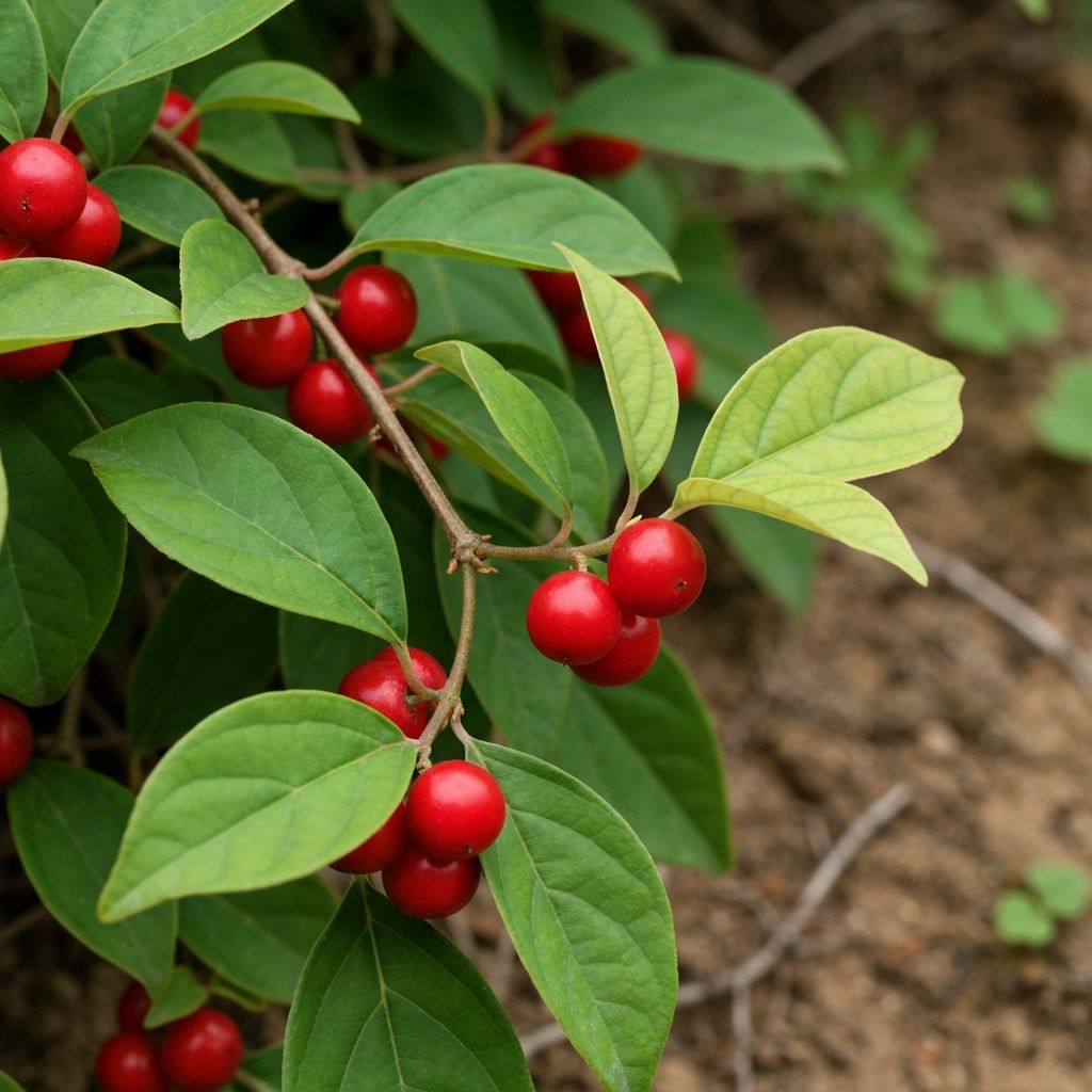 Schisandra chinensis plant with red berries and green leaves